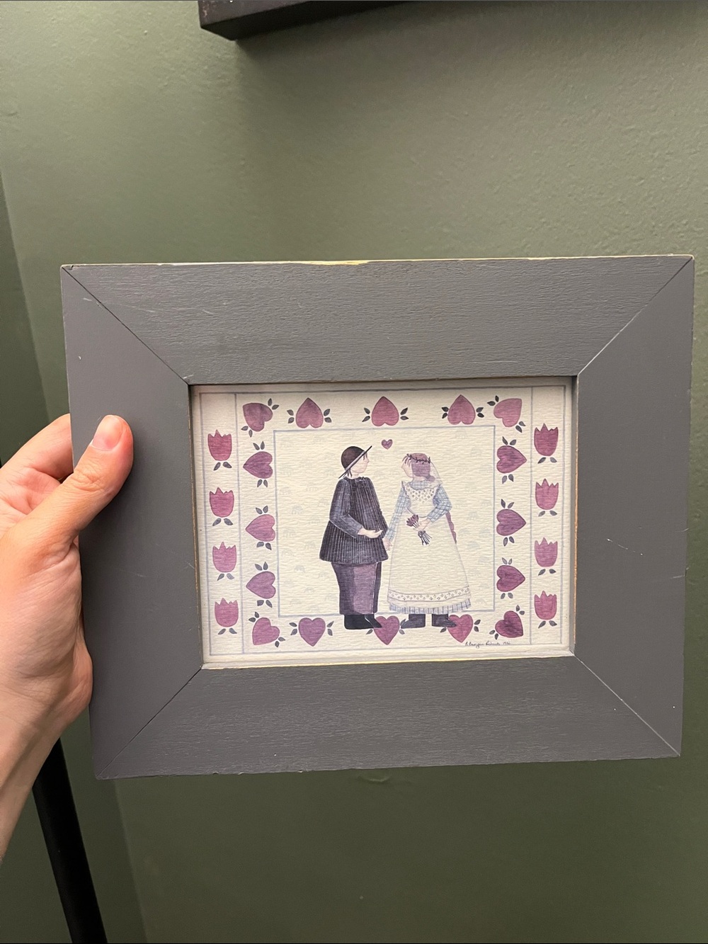 Vintage 1988 w Note Gray Wooden Picture Frame with Purple Folk Art Print - Picture 2 of 4